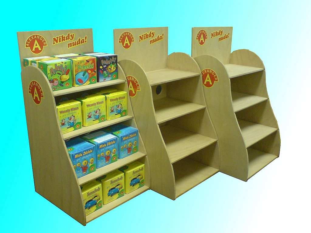 Stojan DŘEVĚNÝ na pult - 4 poličky na hlavolamy a blechy (21x21x40cm)